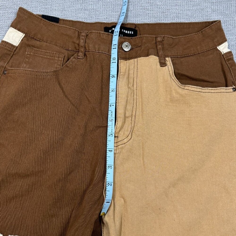 Almost Famous Patchwork Denim Jeans Womens Size 11 Brown Tan Raw Edge High Rise - Picture 11 of 14